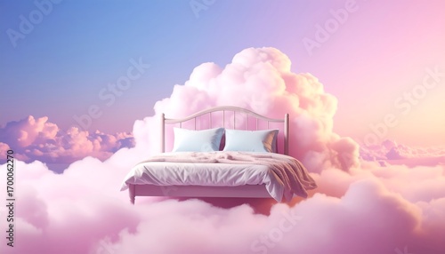 Dreamy bed floating on pink clouds