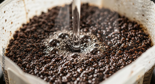 Close Up of Drip Coffee Grounds with Hot Water