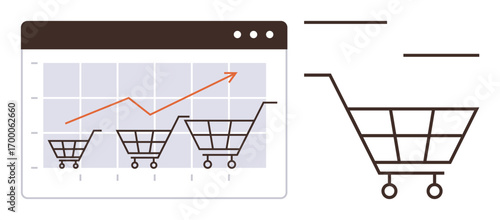 Shopping carts represent growth on a data graph with an upward arrow trendline. Ideal for e-commerce, sales growth, market trends, analytics, online shopping, business success, digital economy