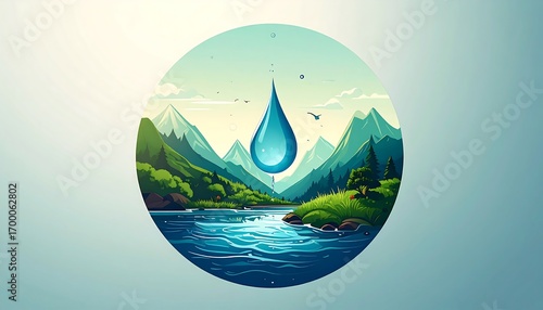 A serene landscape illustration showcases a large, vibrant blue water droplet above a tranquil river scene amidst lush greenery and snow-capped mountains.