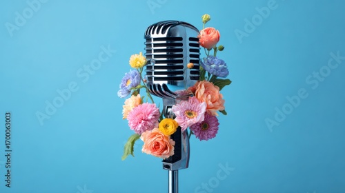 Vintage microphone surrounded by pastel-colored flowers against a bright blue backdrop