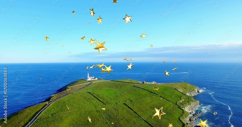 Obraz premium Capturing headland over blue ocean, with winding road leading to white lighthouse and golden stars