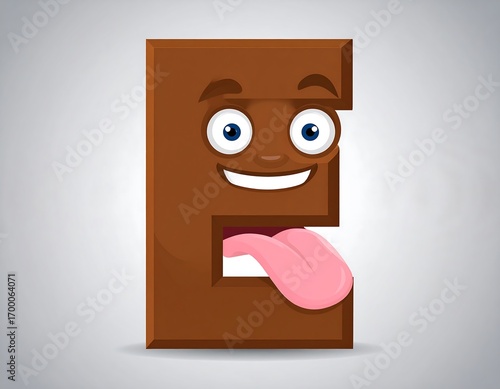 A playful, cartoon illustration of the letter E, designed as a brown chocolate bar with expressive eyes, a wide smile, and a pink tongue sticking out.