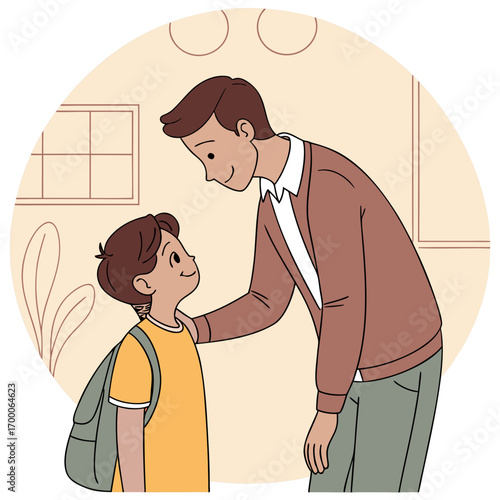 Vector art of a tender illustration of a father and son sharing a special moment before school, the father placing a reassuring hand on his sons shoulder, conveying love, support, and encouragement