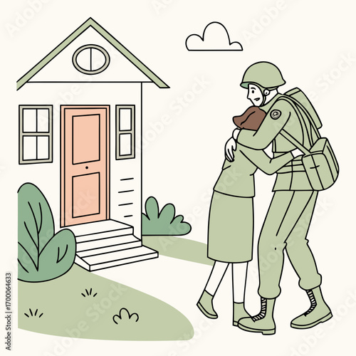 Vector art of a touching illustration captures the emotional reunion of a soldier returning home, embracing a loved one in front of their house, symbolizing love, sacrifice, and the joy of homecoming