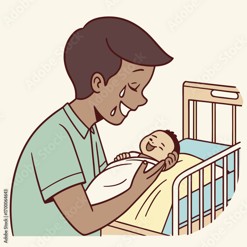 Vector art of a heartwarming illustration depicts a father shedding tears of joy as he cradles his newborn baby, showcasing the profound emotions and tender connection between parent and child