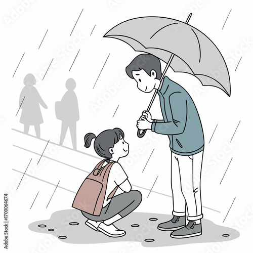 Vector art of a kind young man sharing his umbrella with a girl squatting in the rain, showing care and consideration, with blurry figures in the background