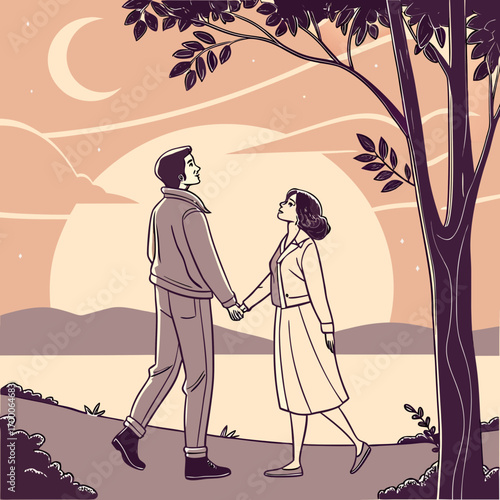 Vector art of a couple walks hand in hand under the moonlight, their silhouettes framed by a tree, creating a romantic scene filled with love, tranquility, and the beauty of nature