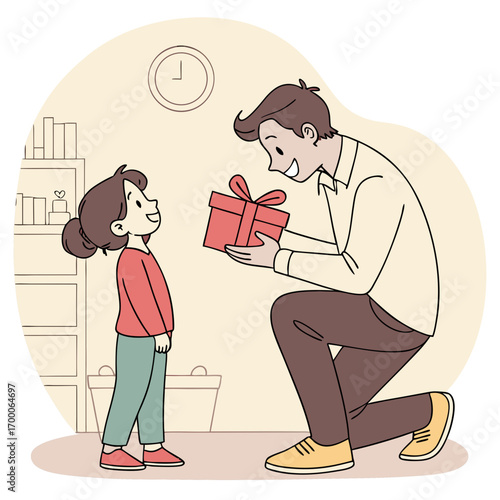 Vector art of a heartwarming scene of a father kneeling down to give his daughter a beautifully wrapped gift, symbolizing love, appreciation, and the joy of giving on a special occasion
