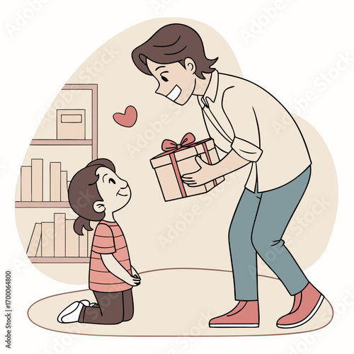 Vector art of a loving father surprises his daughter with a special gift, expressing affection and creating a heartwarming moment of joy and appreciation, strengthening their bond and connection