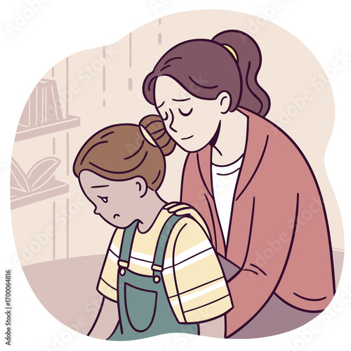 Vector art of a caring mother comforts her sad daughter, offering support and love during a difficult time, showcasing the importance of family bonds and emotional wellbeing in a nurturing environment