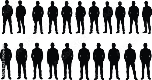 Silhouettes of Men Standing in Two Aligned Rows, Vector Illustration for Teamwork, Crowd, Business, Human Shape, and Design ConceptsSilhouettes of Men Standing in Two Aligned Rows, Vector 