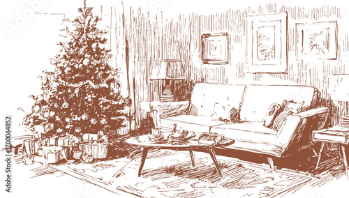 Hand drawn Christmas living room chalk sketch with sofa, decorated tree, gifts, coffee table. Cozy retro pencil drawing festive interior illustration for seasonal design.