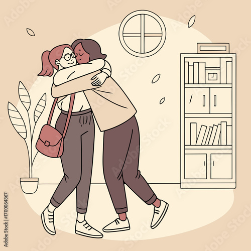 Vector art of two friends embrace in a warm hug, surrounded by a cozy room with a bookshelf and plant, conveying friendship, support, and connection in a comforting indoor setting