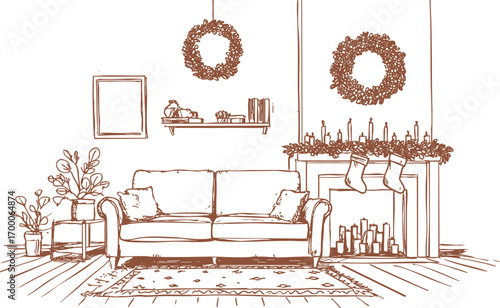 Vintage hand drawn crayon sketch Christmas living room with sofa, fireplace, stockings, garlands, candles. Cozy festive line art pencil illustration for seasonal greeting cards.