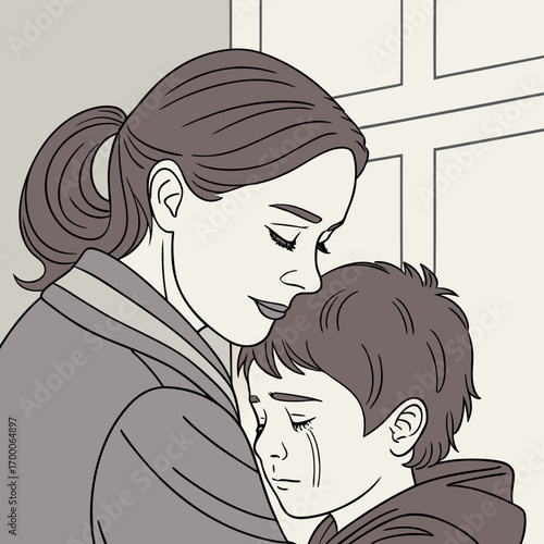 Vector art of a mother is hugging her sad son, the boy is crying and the mother is comforting him, the scene is set indoors with a window in the background, closeup shot