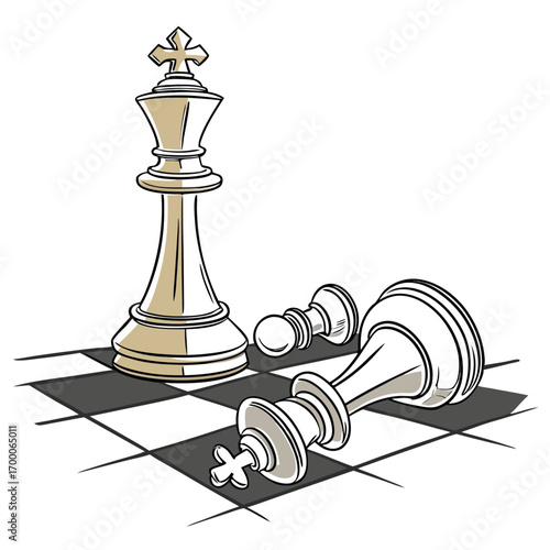 Vector art of a chess game illustration, depicting a standing king, a fallen queen, and a pawn, symbolizing strategic gameplay, triumph, and the intricacies within the game
