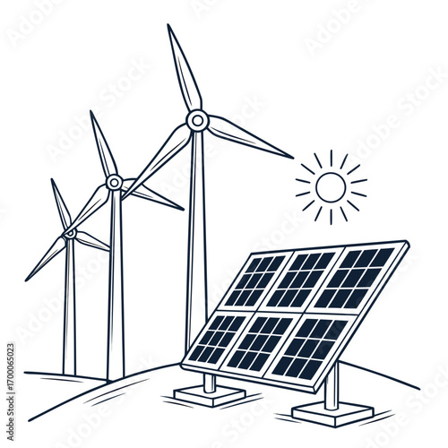 Vector art of illustration showcasing sustainable energy solutions with wind turbines and solar panels, , promoting clean power and environmental responsibility