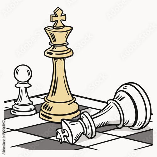 Vector art of chess strategy a golden king stands tall beside fallen white pieces on the checkered board, epitomizing strategic victory and the art of outmaneuvering opponents
