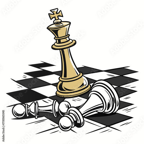 Vector art of chess game triumph a golden king stands victorious over fallen white pieces on the checkered board, symbolizing strategic dominance and the sweet taste of success