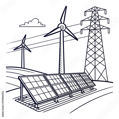Vector art of line art illustration depicting renewable energy infrastructure, featuring wind turbines, solar panels, and power lines, , emphasizing sustainable power generation