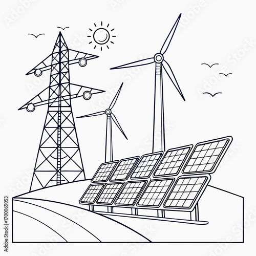 Vector art of outline illustration of sustainable energy landscape with wind turbines, solar panels, and power transmission tower, , promoting ecofriendly power