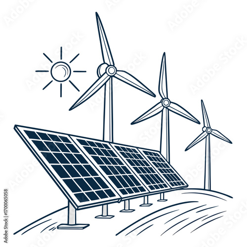 Illustration of solar panels and wind turbines, representing renewable energy sources and sustainable technology, powering a greener future