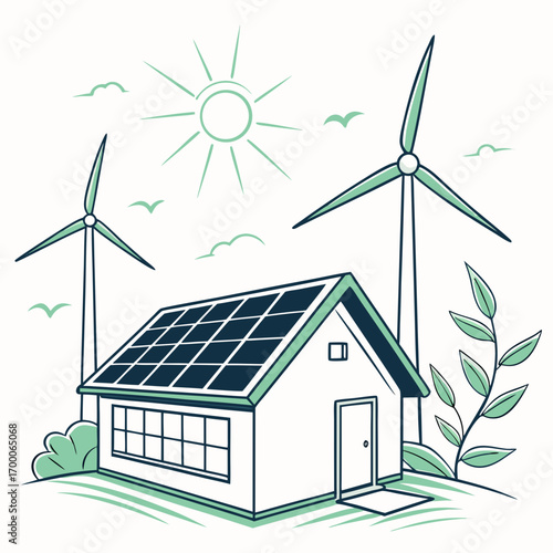 Illustration of a modern house with solar panels and wind turbines, symbolizing sustainable energy and ecofriendly living, set against a bright sun