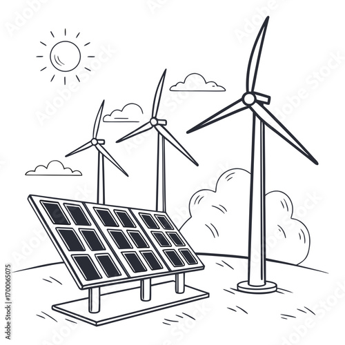 Vector art of line art illustration of wind turbines and solar panel with sun and clouds, a concept of renewable energy, clean power, and environmental sustainability