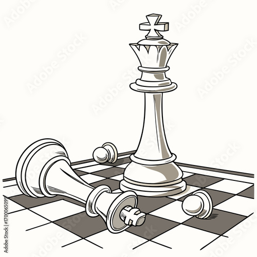 Vector art of monochrome illustration of a chess king standing tall among fallen pawns, symbolizing victory, strategy, and leadership in a competitive game