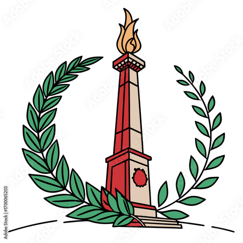 Stylized monument with eternal flame and laurel wreath symbolizing victory and achievement