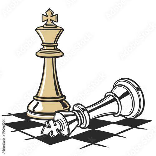 Vector art of golden king standing tall over fallen silver king on a checkered board, , symbolizing victory, strategy, and the end of a chess game, power and defeat
