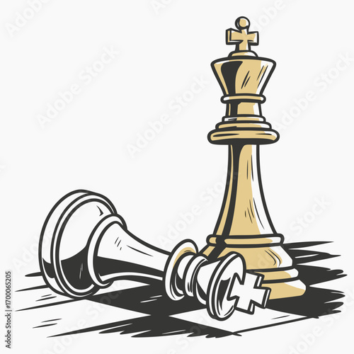Vector art of golden king standing tall over fallen silver king on a checkered board, symbolizing victory, strategy, and the end of a chess game, power and defeat