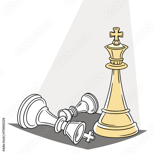 Vector art of a cartoon illustration of a chess game with a golden king standing tall over a fallen white pawn, symbolizing victory, strategy, and the end of the game