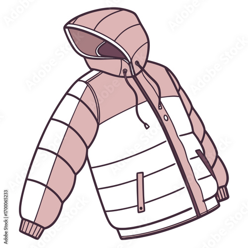 Stylized illustration of a pink and white puffer jacket with a hood and drawstrings