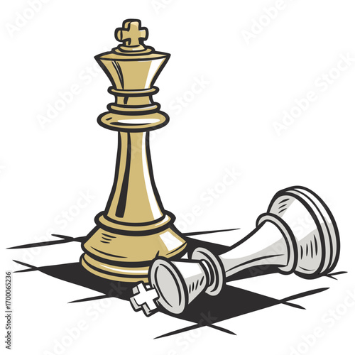 Vector art of a cartoon illustration of a chess game with a golden king standing tall over a fallen white pawn, symbolizing victory, strategy, and the end of the game