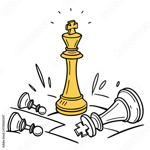 Vector art of cartoon illustration of a chess game with a golden king standing amidst fallen pawns and a defeated king, symbolizing triumph and strategic dominance