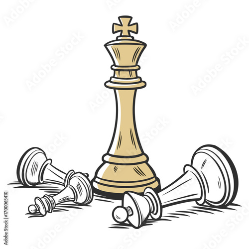 Vector art of a chess king stands tall, two fallen pawns nearby, , symbolizing victory, strategy, and the triumph of leadership in a competitive game of intellect