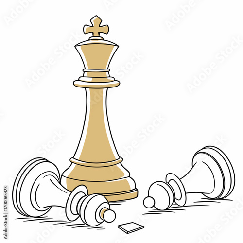Vector art of a chess king stands tall, two fallen pawns nearby, , symbolizing victory, strategy, and the triumph of leadership in a competitive game of intellect