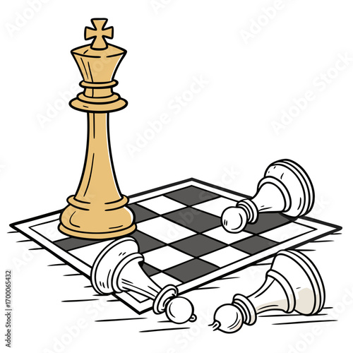 Illustration of a chess king standing tall on a chessboard with fallen pawns, , symbolizing victory, strategy, and the fall of opponents in the game
