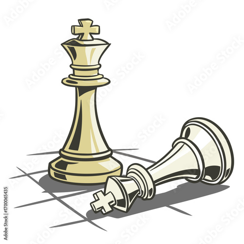 Vector art of illustration showcasing a standing king chess piece beside a fallen king, representing strategic victory and the end of a chess match