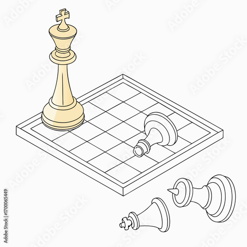 Vector art of isometric illustration of a chess game with a golden king standing on the board while two white pawns have fallen, a symbol of strategy and victory