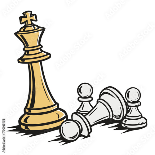 Illustration of a chess game with a golden king standing tall while two white pawns have fallen, a symbol of strategy, leadership, and victory