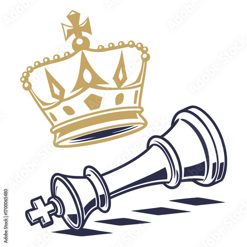 Vector art of a chess king piece lies defeated beneath a golden crown, symbolizing the fall of royalty and the triumph of strategy, a metaphor for power shifts