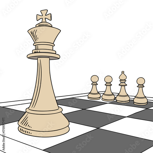 Vector art of a king chess piece stands tall on a chessboard, facing a line of white pawns, , embodying strategy, leadership, and the challenge of overcoming obstacles