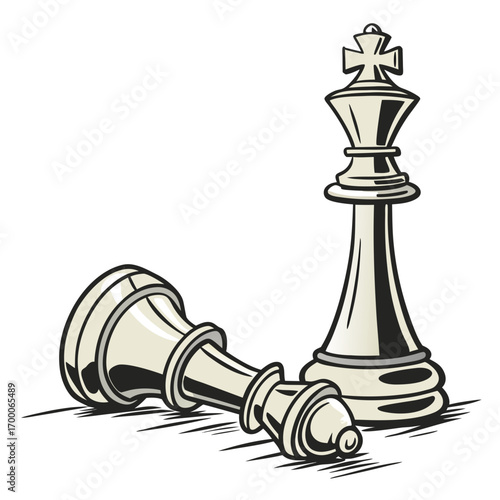 Vector art of a fallen chess king lies defeated next to a standing king, symbolizing the end of a game and the victory of one side, a metaphor for competition