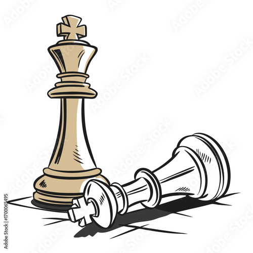 Vector art of a standing chess king towers over a fallen king, illustrating the power dynamic and the outcome of a strategic battle, a metaphor for triumph