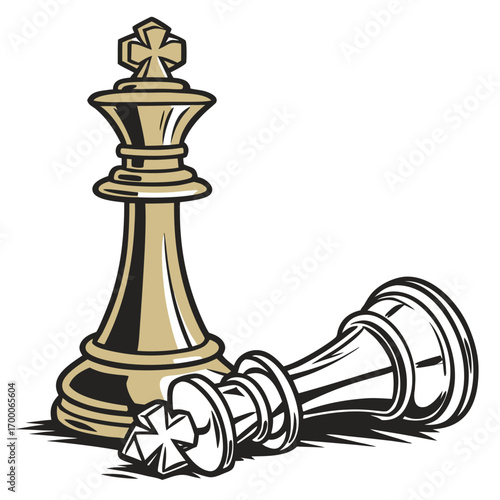 Vector art of vintage style illustration featuring a standing chess king next to a fallen one, symbolizing the contrast between power and defeat in a strategic game of chess