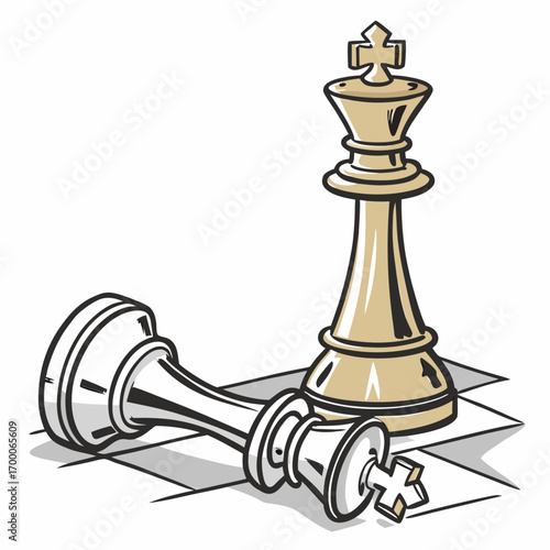 Vector art of chess game illustration depicting a fallen king piece next to a standing king piece, symbolizing defeat, strategy, and the end of a competitive match