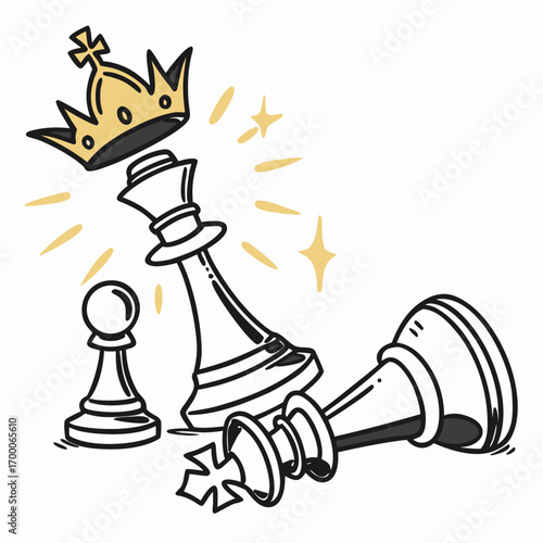 Vector art of illustration depicting the concept of dethroning the king in chess, with a golden crown placed above the fallen king and a pawn standing nearby, symbolizing strategy and victory